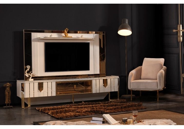 Chanell Tv Ünitesi Beyaz bronz aynalı-boyalı